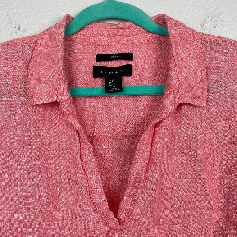 Tahari Linen Blouse Size 1X Plus Coral Faux Button Back Shirt Roll Tab Sleeves - Picture 3 of 10